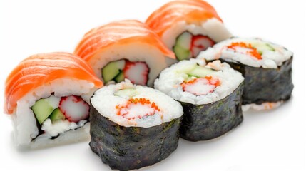 Sushi roll with salmon and shrimp tempura, sushi rolls on white background