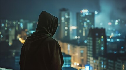back view of hacker in sport suit standing on roof top above night megapolis city, anonymous...