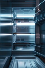 Fototapeta premium An empty refrigerator with the door left open. Suitable for illustrating food waste