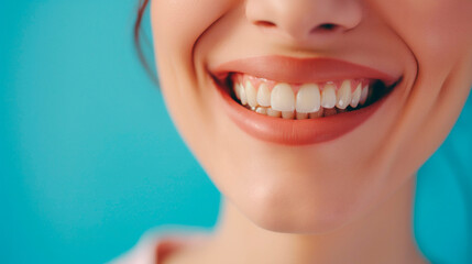 Obraz premium closeup of smile with white healthy teeth, young woman, dental clinic advertisement