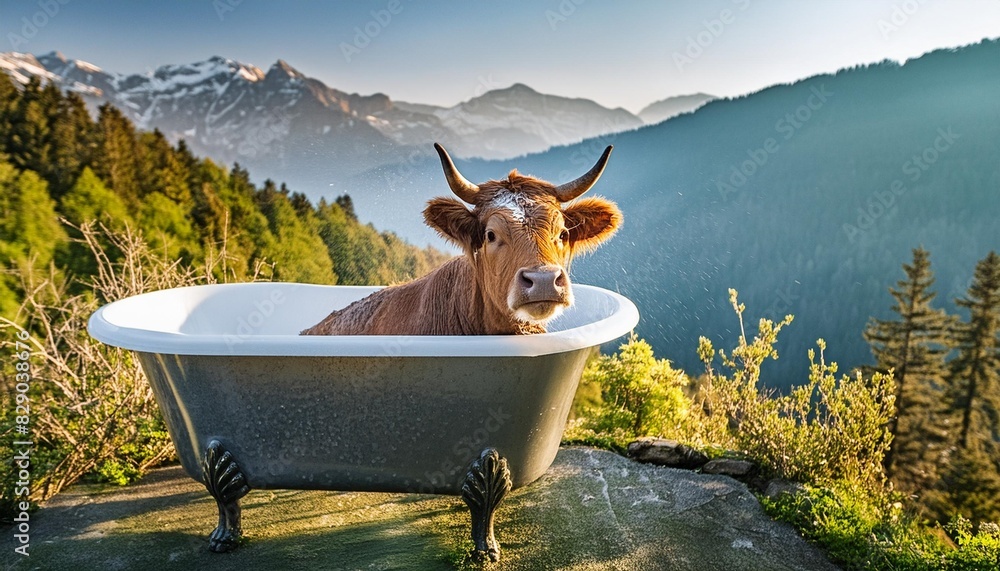 Poster cow soaking relaxing in a bathtub