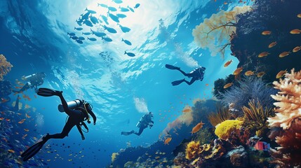 Fototapeta premium divers in a bright underwater reef with fish and corals