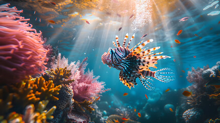 A fish with a red and white stripe swims in a coral reef