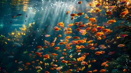 A school of brightly colored fish swimming in the ocean