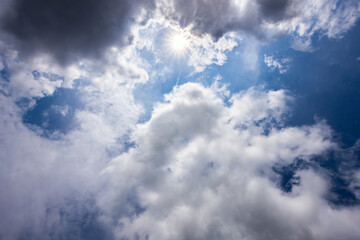Dramatic clouds on blue sky and sun