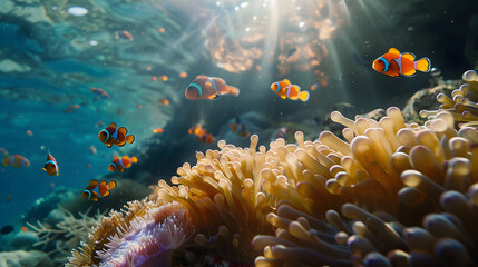 A school of brightly colored fish swimming in the ocean