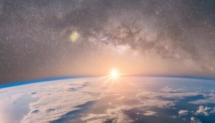 panoramic view of the earth sun star and galaxy sunrise over planet earth view from space...