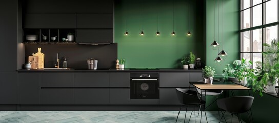 Modern black and green kitchen interior with black cabinets and olive green walls
