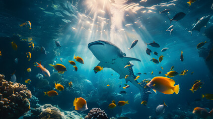 A school of fish swims in the ocean with a large shark in the middle