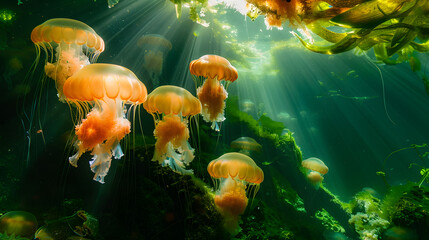 A group of jellyfish are swimming in the ocean