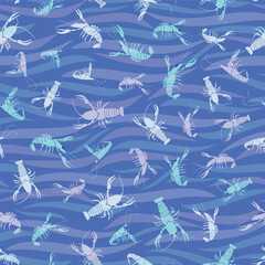 Colorful Pastel Crayfish in Gentle Waves of Fresh Blue Waters seamless pattern print background