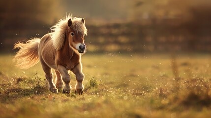 Shetland pony moving swiftly in a field