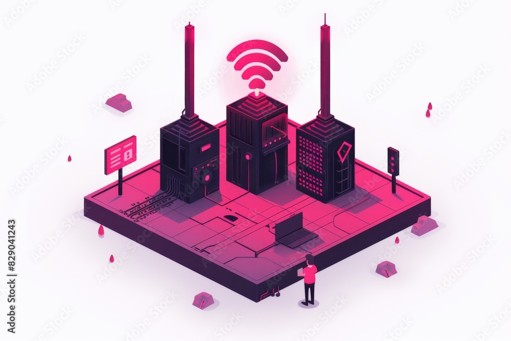 Poster illustration of a network hub with wi fi routers, symbolizing the central role of wireless technolog