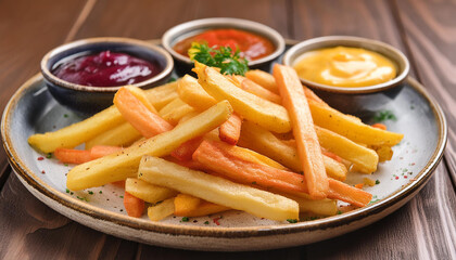 Homemade french fries and different sauces. Tasty fast food. Appetizing snack. Culinary concept.