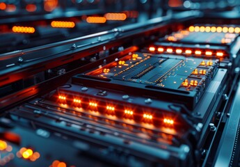 Close-up of lithium-ion cells in high-voltage electric vehicle battery production. Automotive industry battery cells on a high-capacity conveyor line.