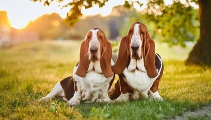 realistic photo of two basset hounds sitting together on green grass in the dawn light cute dog in...
