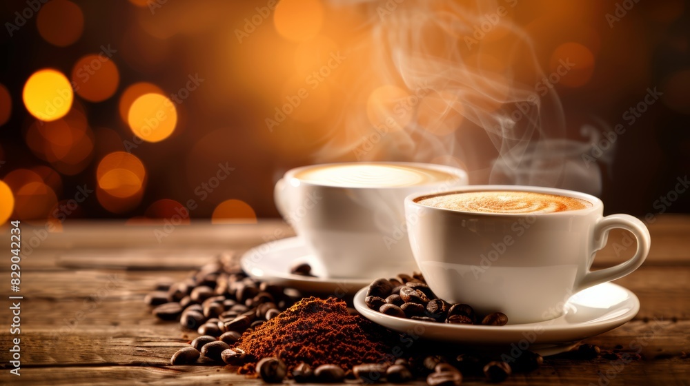 Aufkleber two cups of coffee with steam rising from them, sitting on a table. generative ai