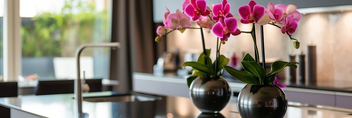 Elegant pink orchids in black vases on a sleek kitchen countertop with a blurred background