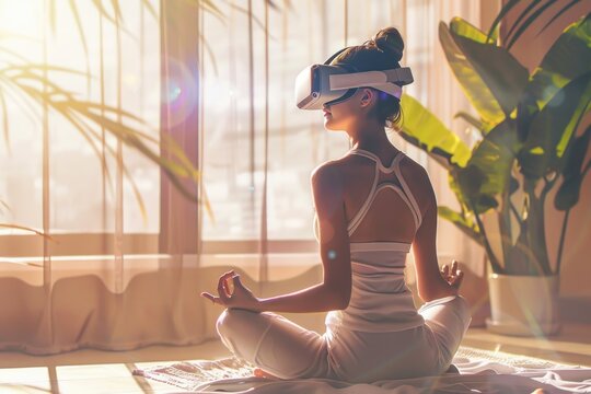 Woman practicing yoga in virtual reality headset. Suitable for technology and wellness concepts