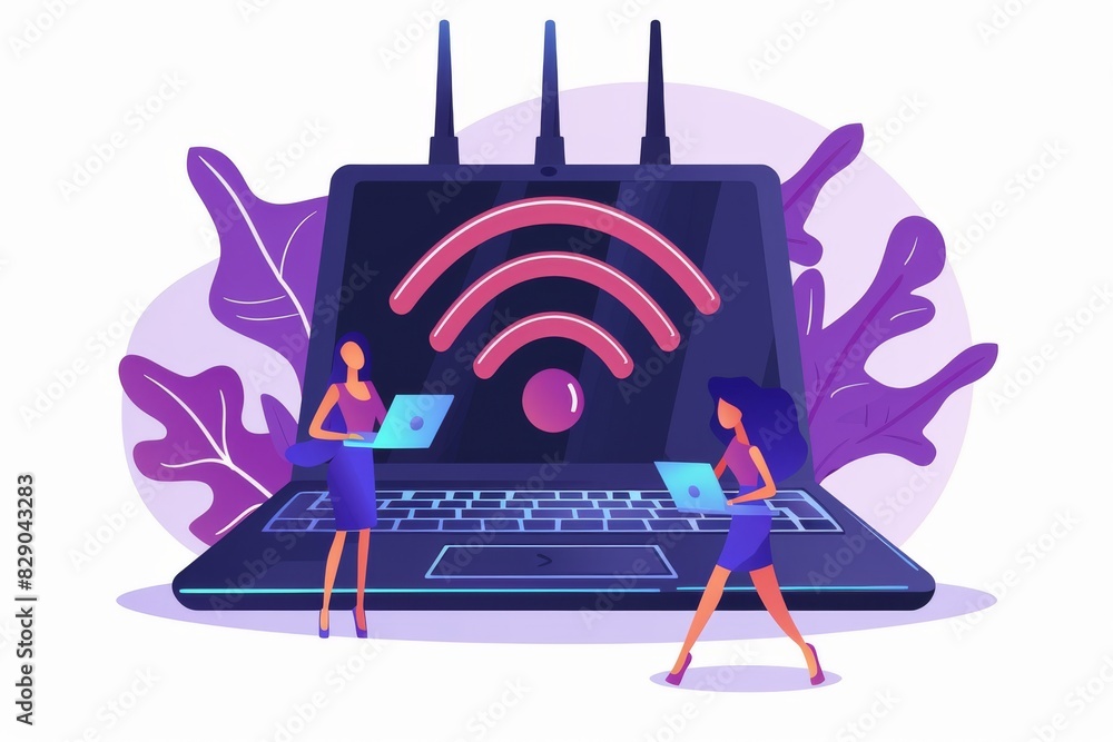Poster laptop with a wi fi symbol and networking devices, symbolizing robust internet connectivity and digi
