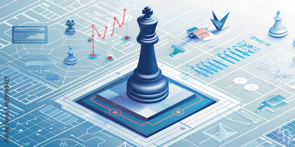 Poster illustrated digital chessboard with chess pieces and data graphics, emphasizing strategic planning, 