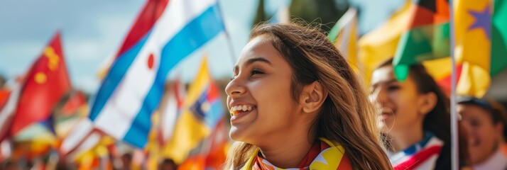 Teen girl joyfully representing her country among various international flags at a festival