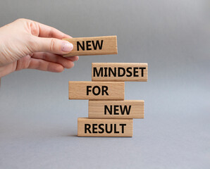 Mindset symbol. Wooden blocks with words New Mindset new Result. Businessman hand. Beautiful grey background. Business and New Mindset new Result concept. Copy space.