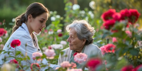 A young nurse providing care to an elderly woman in a serene garden with roses