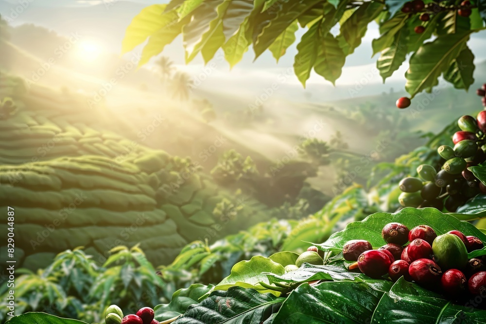 Poster coffee beans growing on the branches of a coffee tree in a plantation setting. generative ai