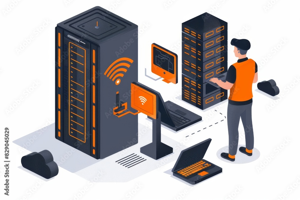 Poster it professional managing servers in a data center, emphasizing the importance of network infrastruct