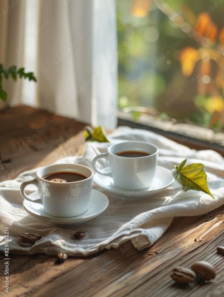 Poster two cups of coffee placed on a table. generative ai