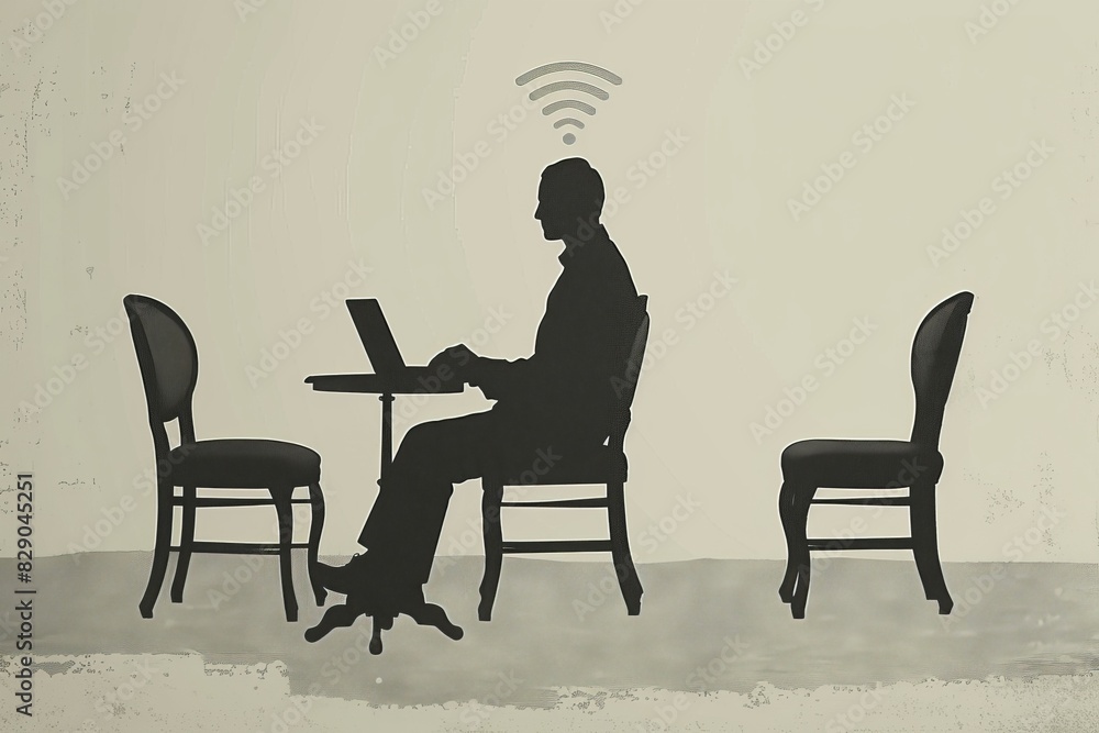 Poster silhouette of a person at a table with a wi fi symbol, highlighting connectivity in public spaces