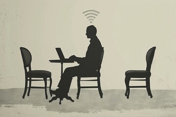 Fototapeta premium Silhouette of a person at a table with a Wi Fi symbol, highlighting connectivity in public spaces