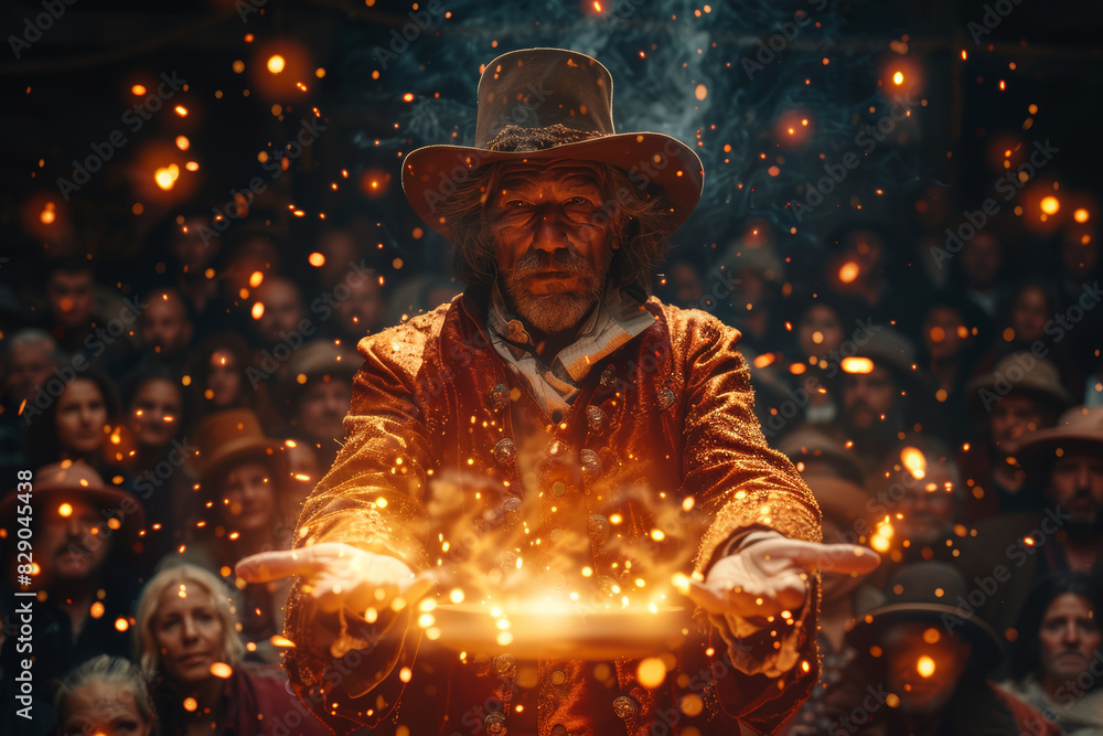 Poster a performer captivating an audience with a spellbinding magic trick, leaving them in awe and wonder.