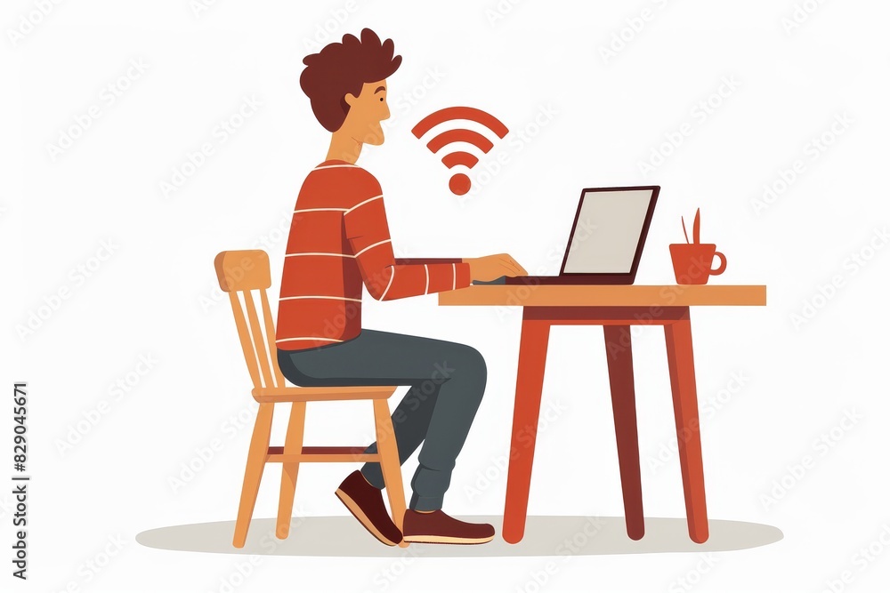 Poster man working on a laptop at a desk, highlighting the integration of technology in daily work routines