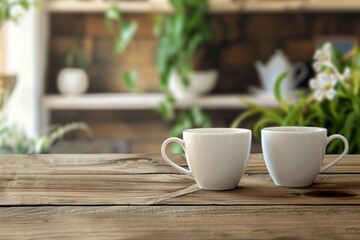 Fototapeta premium Two white cups filled with coffee sitting on a wooden table. Generative AI