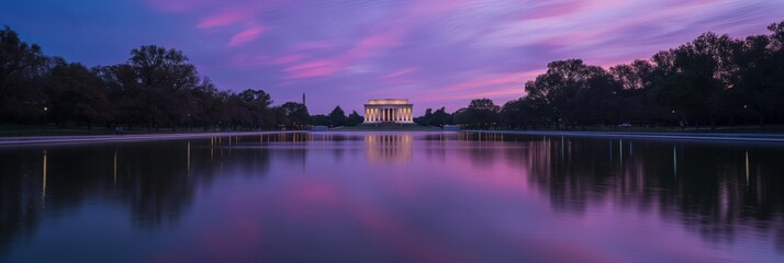 The Lincoln Memorial and reflecting pool under a dramatic purple sky during the blue hour, a symbol of American history and reflection