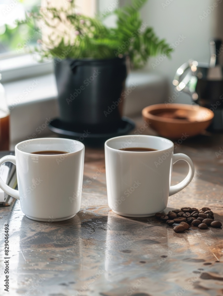 Aufkleber two cups filled with coffee resting on a kitchen counter. generative ai