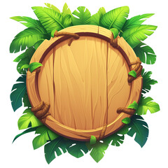 Circular wooden sign with leaves and flowers. Wooden logo background. Wood sign with tropical leaves isolated. Cartoon wooden frame with green leaves. Tropical wood sign. 