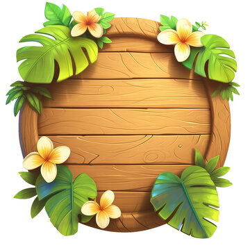 Circular wooden sign with leaves and flowers. Wooden logo background. Wood sign with tropical leaves isolated. Cartoon wooden frame with green leaves. Tropical wood sign. 