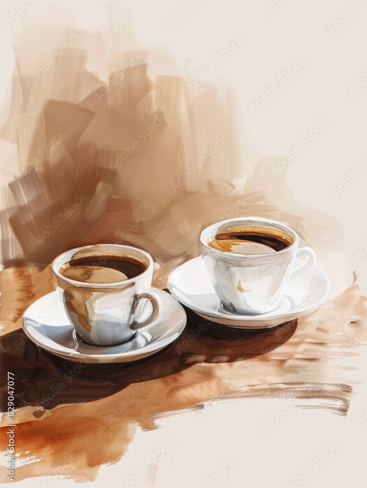 Aufkleber two cups filled with coffee placed on top of a wooden table. generative ai