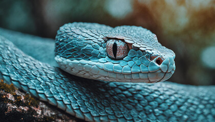 Obraz premium Blue viper snake on branch. Blue insularis snake, dangerous animal closeup. Wildlife world