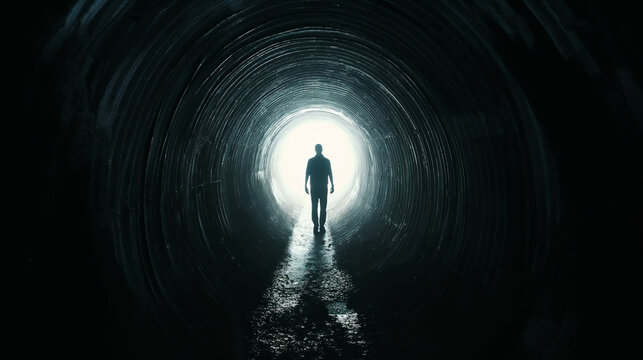 A man walking in a dark tunnel towards a light at the end, alone and scared, facing challenges or showing resilience. Dark background with a man silhouette alone inside a black round concrete tunnel.