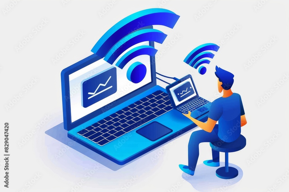 Aufkleber individual working remotely with advanced tech gadgets and wireless connectivity, emphasizing modern