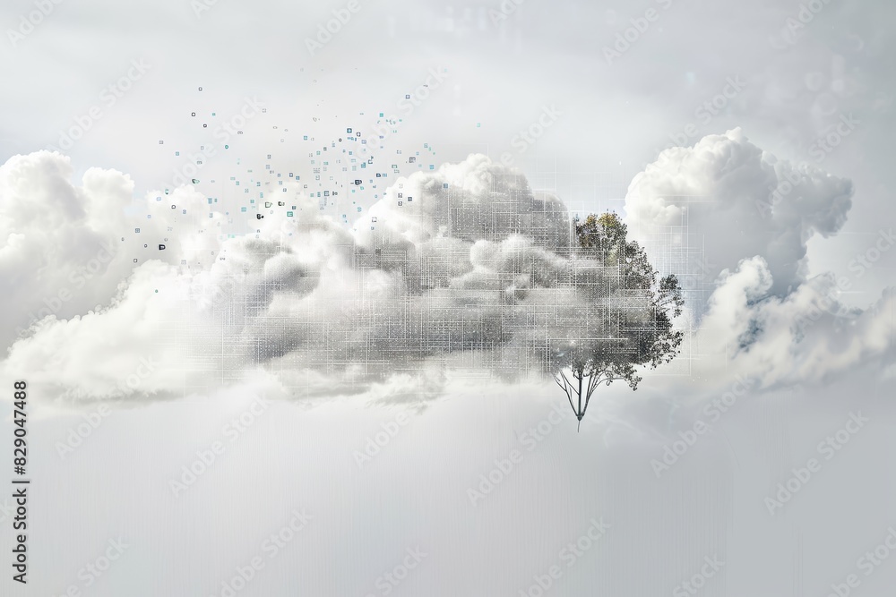 Fototapete Surreal digital artwork blending a cloud with a tree, symbolizing the convergence of nature and technology, highlighting the futuristic concept of cloud computing and data integration, Generative AI