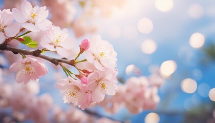 delicate pink cherry blossom flower branch close up in spring with blue bokeh sky with pastel background motherrs day valentines day product placement sale add photo for copy space by vita