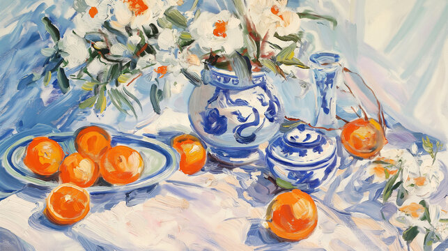 Picture with oranges and blue dishes. Fashionable background for design projects. Illustrations created using artificial intelligence. Illustrations and Clip Art AI generated.