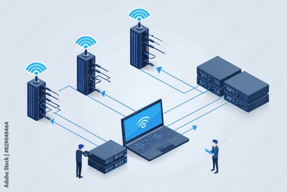 Poster network diagram with laptops and servers, showcasing the infrastructure of modern digital networks a