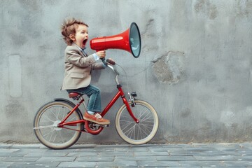 Child in suit rides bike  shouts through loudspeaker  dreams.