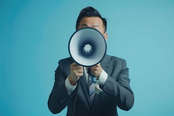 Asian middle aged man in a business suit shouting through a bullhorn in front of a blue background.
